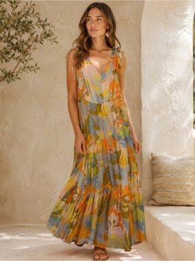 NWOT 1. State Sleeveless V-Neck Medium Tropical Maxi Dress in Multi-Color